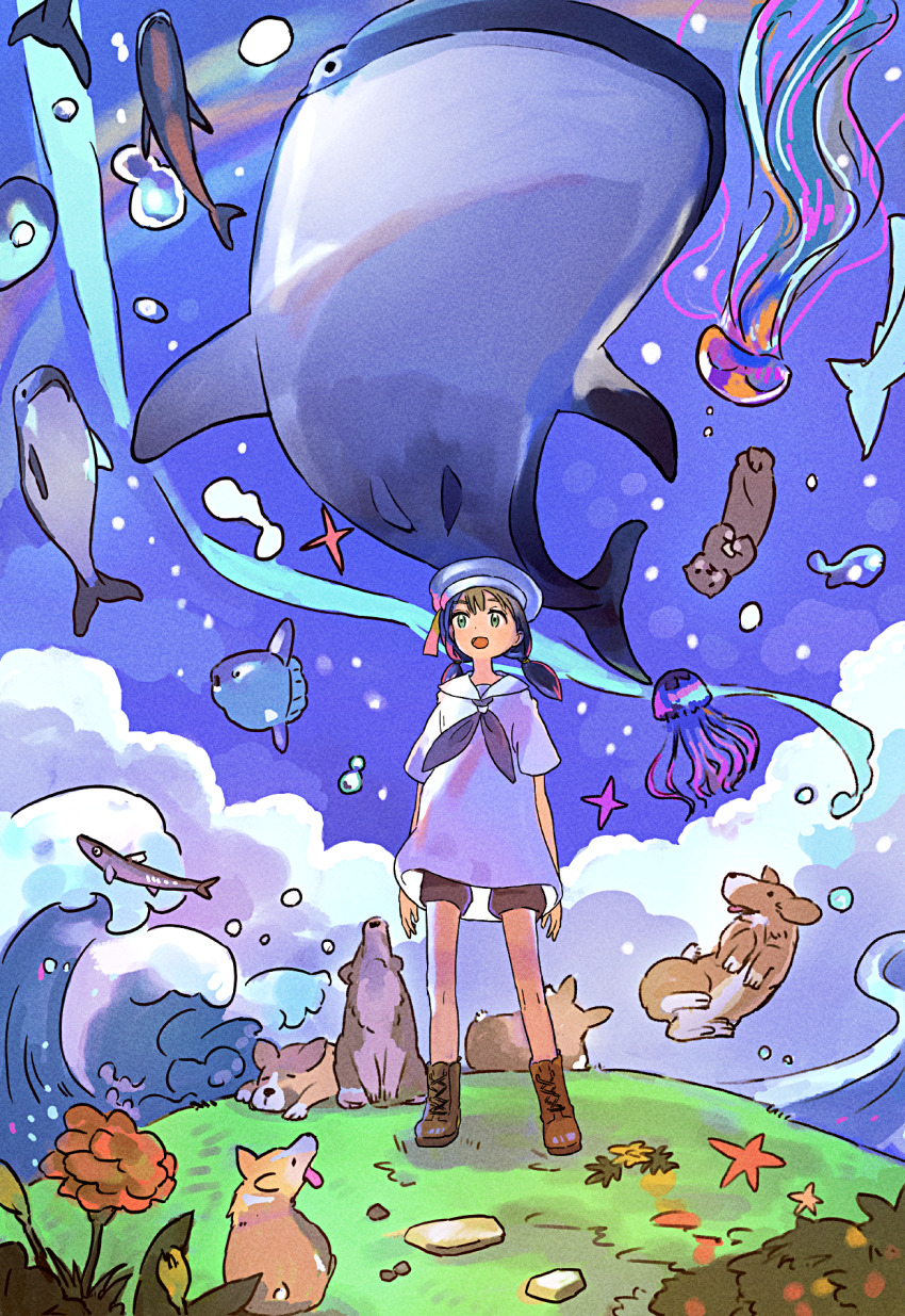 1girl animal arms_at_sides boots brown_boots bubble cloud commentary_request day dog fantasy fish flower flying_animal flying_fish full_body grass hat highres jellyfish long_hair open_mouth original otter outdoors sailor_collar sailor_hat sailor_shirt shirt short_sleeves sky smile standing takaichi_(tkch) twintails water waves welsh_corgi whale_shark white_shirt