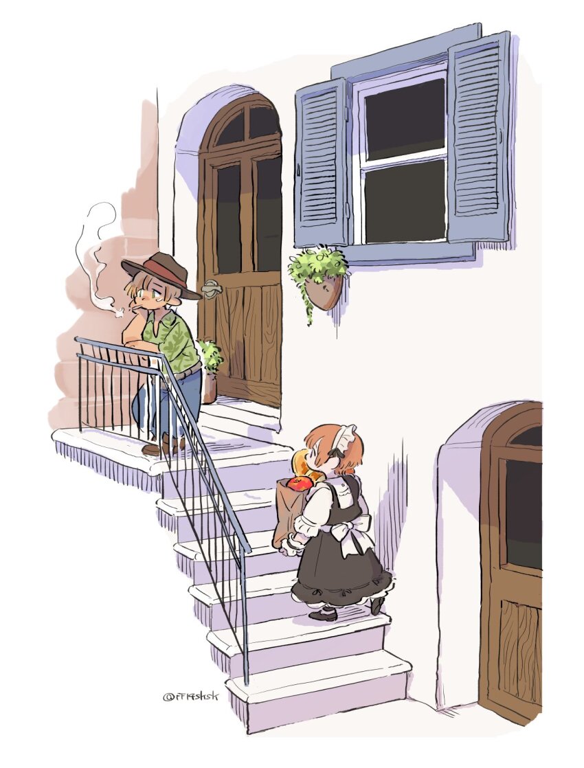 1boy 1girl against_railing ano_amesuke bag black_dress blonde_hair brown_hat cigarette commentary_request door dress final_fantasy final_fantasy_xiv green_eyes green_shirt grocery_bag hat highres holding holding_bag lalafell long_dress maid maid_headdress orange_hair paper_bag railing shirt shopping_bag short_hair smoking stairs twitter_username warrior_of_light_(ff14)
