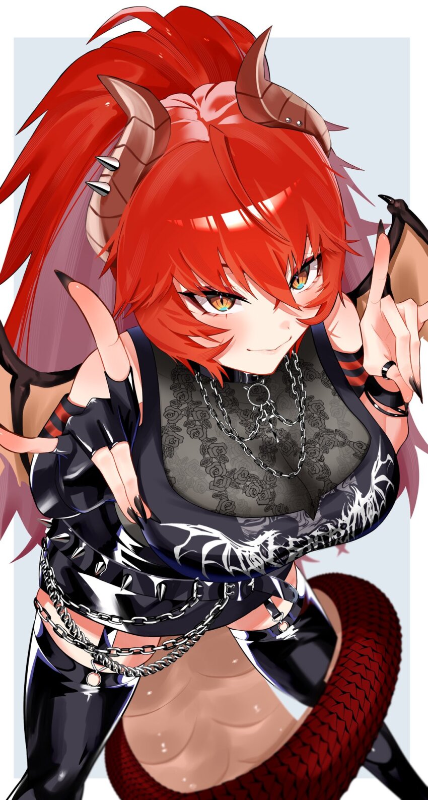 1girl 380_(artist) belt black_belt black_collar black_shirt black_shorts black_thighhighs breasts cleavage collar cross cross_necklace double_fox_shadow_puppet dragon_girl dragon_horns dragon_tail fox_shadow_puppet highres horns jewelry large_breasts long_hair looking_at_viewer necklace ponytail red_eyes shirt shorts smile solo spiked_belt tail tail_around_own_leg thighhighs virtual_youtuber vshojo yellow_eyes zentreya zentreya_(dragon) zentreya_(dragon)_(metalheads)