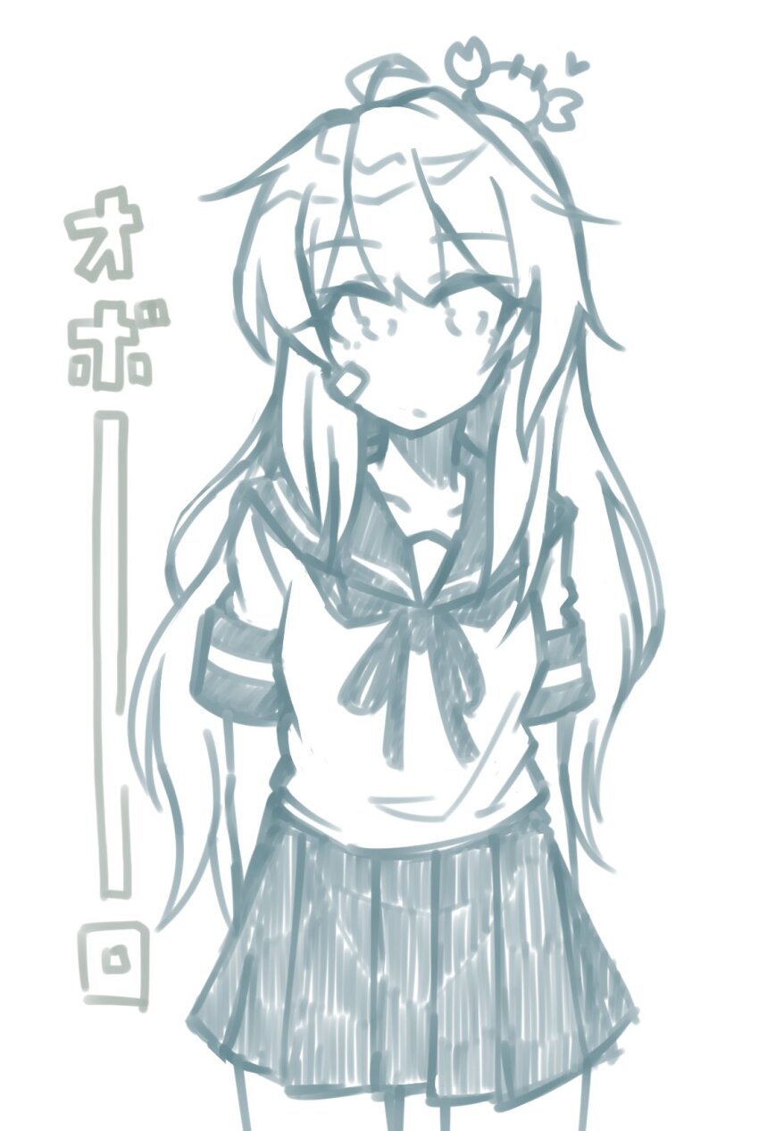 1girl alternate_hair_length alternate_hairstyle animal animal_on_head arm_behind_back bandaid bandaid_on_face blue_theme commentary_request cowboy_shot crab_on_head highres kantai_collection long_hair looking_at_viewer monochrome neckerchief oboro_(kancolle) on_head pleated_skirt sailor_collar sailor_shirt school_uniform serafuku shirt skirt tatahai