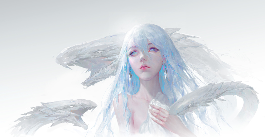 1girl absurdres bare_arms bare_shoulders blue-eyes_white_dragon blue_eyes breasts cleavage collarbone dragon duel_monster earrings hair_between_eyes highres jewelry kisara_(yu-gi-oh!) leo-dont-want-to-be-a-painter long_hair open_mouth sleeveless solo strapless undefined white_hair yu-gi-oh!