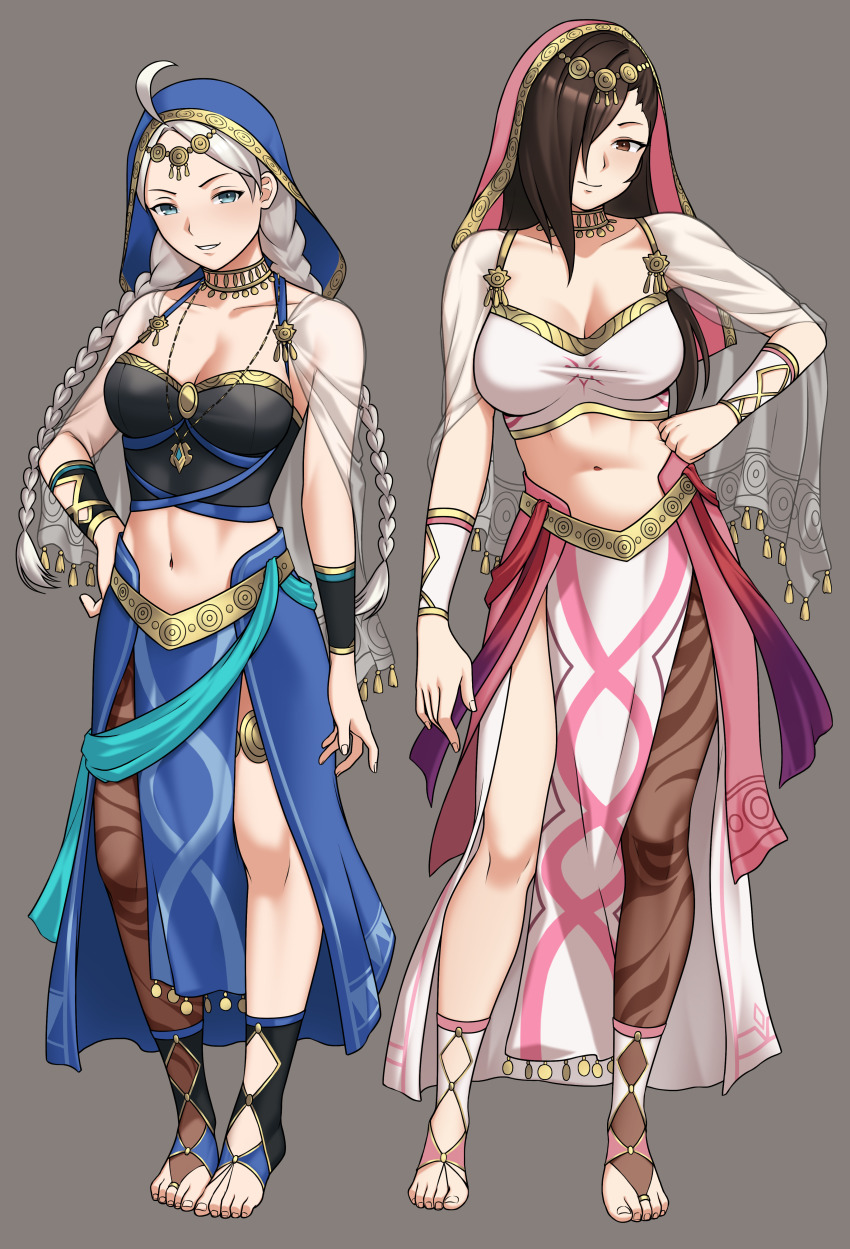 2girls absurdres ahoge azura_(fire_emblem) azura_(fire_emblem)_(cosplay) azura_(hatari)_(fire_emblem) bbk_(13zk) blue_eyes braid breasts brown_eyes brown_hair commission commissioner_upload cosplay crop_top dancer fire_emblem fire_emblem_fates fire_emblem_heroes full_body gold_choker hair_over_one_eye hand_on_own_hip highres kagero_(fire_emblem) large_breasts leanne_(fire_emblem) leanne_(fire_emblem)_(cosplay) leanne_(hatari)_(fire_emblem) long_hair looking_at_viewer low_twin_braids multiple_girls navel nina_(fire_emblem) nintendo non-web_source official_alternate_costume parted_bangs single_leg_pantyhose smile thigh_strap toeless_footwear toeless_legwear toes twin_braids veil white_hair