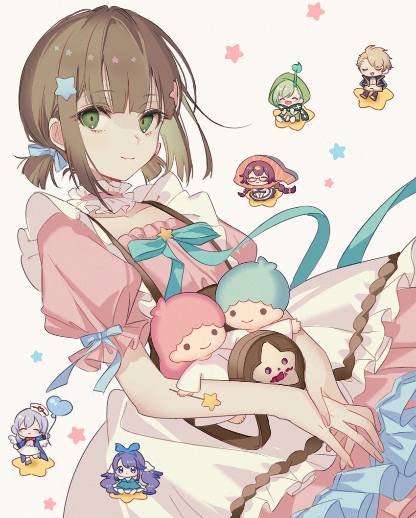 3boys 5girls aladdin_(sinoalice) blue_ribbon blunt_bangs brown_hair chibi chibi_inset choker crossdressing dorothy_(sinoalice) dress frilled_choker frills hair_ornament hair_ribbon hairclip highres kiki_(little_twin_stars) kina_(446964) lala_(little_twin_stars) little_match_girl_(sinoalice) little_twin_stars looking_at_viewer male_focus multiple_boys multiple_girls ningyo_hime_(sinoalice) pink_choker pink_dress ribbon sanrio short_hair sinoalice smile snow_white_(sinoalice) solo_focus trap white_background