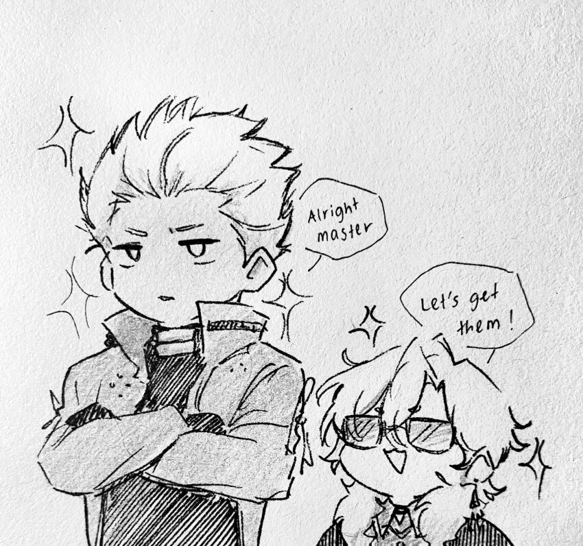 2boys archer_(fate) archer_(honkai:_star_rail)_(fate) aventurine_(honkai:_star_rail) black_choker bodysuit choker coat collared_shirt commentary crossed_arms earrings english_commentary english_text fate/stay_night fate/unlimited_blade_works fate_(series) fur-trimmed_jacket fur_trim gloves hair_between_eyes half-closed_eyes highres honkai:_star_rail honkai_(series) jacket jewelry kq09_iq long_sleeves looking_afar male_focus monochrome multiple_boys open_clothes open_coat open_jacket open_mouth shirt short_hair simple_background single_earring smile sparkle speech_bubble sunglasses traditional_media upper_body v-shaped_eyebrows white_background
