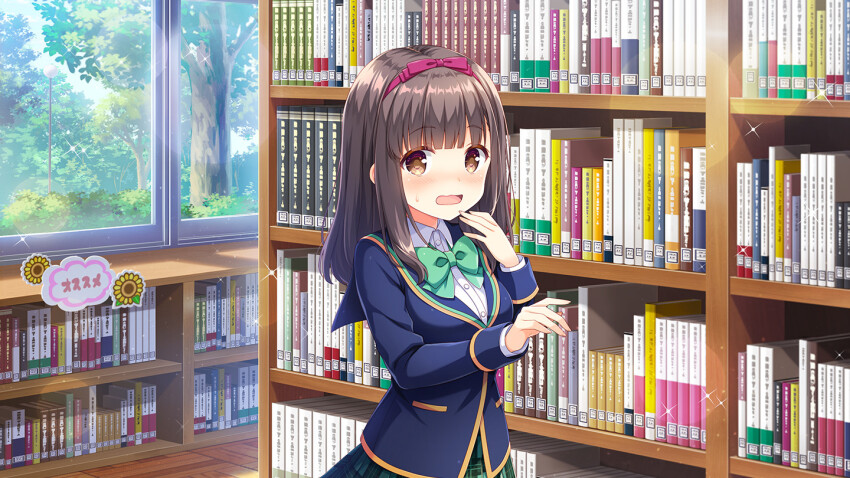 1girl blazer blue_jacket bookcase bow breasts brown_eyes brown_hair day female_focus girlfriend_(kari) green_skirt hair_bow indoors jacket large_breasts medium_hair nagino_sakura official_art open_mouth plaid_clothes plaid_skirt qp:flapper school school_uniform shirt shoes skirt socks solo standing surprised tree white_shirt window