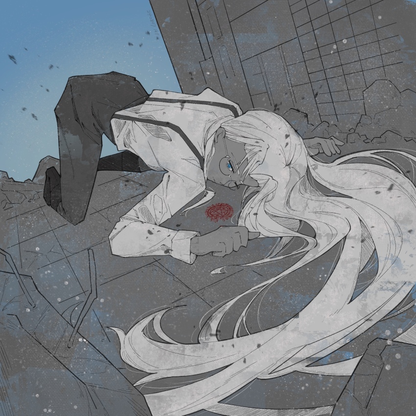 1girl all_fours bent_over blue_eyes gensou_getsumen_rt greyscale_with_colored_background hellsing highres integra_hellsing long_hair one_eye_closed round_eyewear shirt tile_floor tile_wall tiles white_hair white_shirt