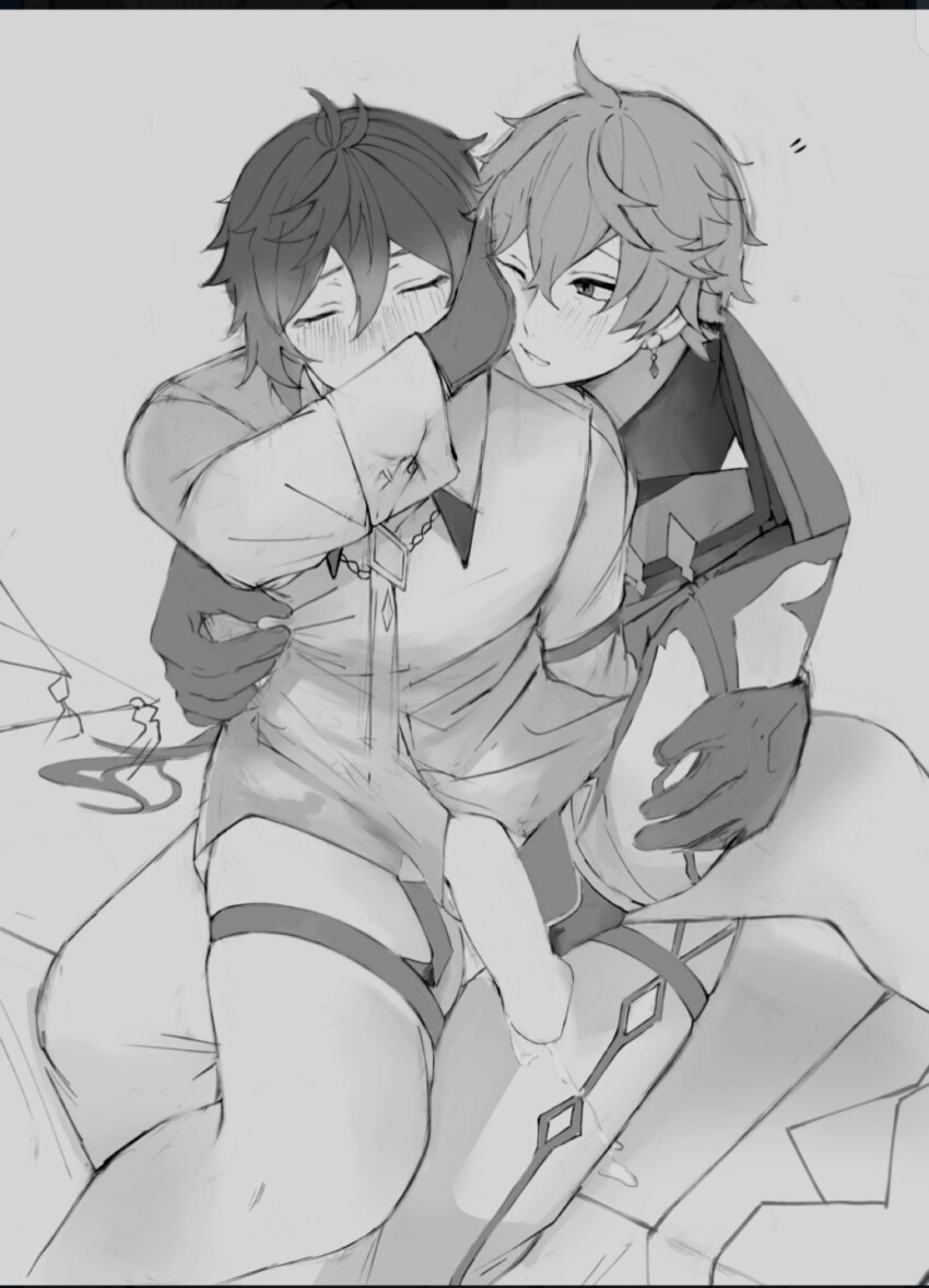 2boys 7ier_oi blush genshin_impact greyscale groping_breast implied_fingering monochrome multiple_boys nipple_piercing one_eye_closed penis piercing pushing_away pushing_face sitting sitting_on_lap sitting_on_person tartaglia_(genshin_impact) white_background yaoi zhongli_(genshin_impact)