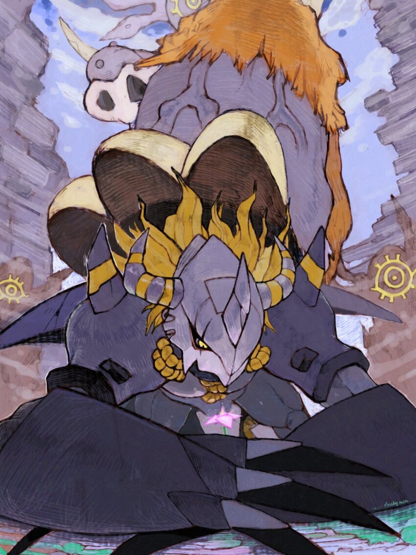 analog_boy02 armor black_armor black_skin blackwargreymon blonde_hair colored_skin digimon digimon_(creature) digimon_adventure_02 dragon flower highres mammon_(digimon) mammoth medium_hair pink_flower shoulder_spikes spikes stomping