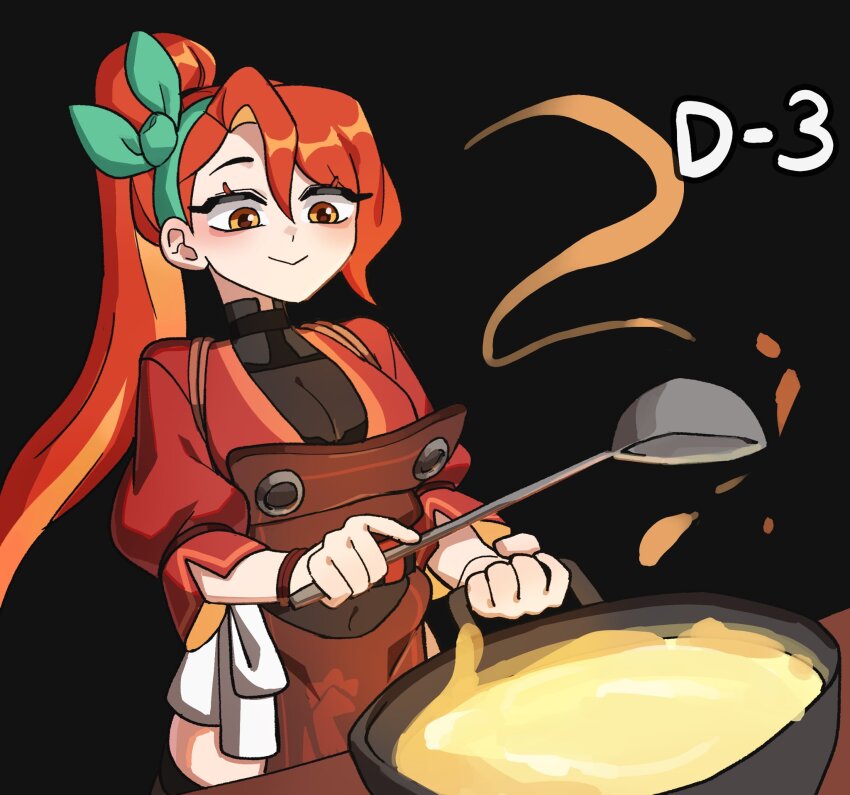 1girl apron black_background breasts brown_apron closed_mouth commentary cooking english_commentary green_hairband hairband highres holding holding_ladle hyyun_ho jacket june_(hyyun_ho) ladle large_breasts long_hair orange_eyes orange_hair original ponytail red_jacket simple_background smile solo upper_body wok