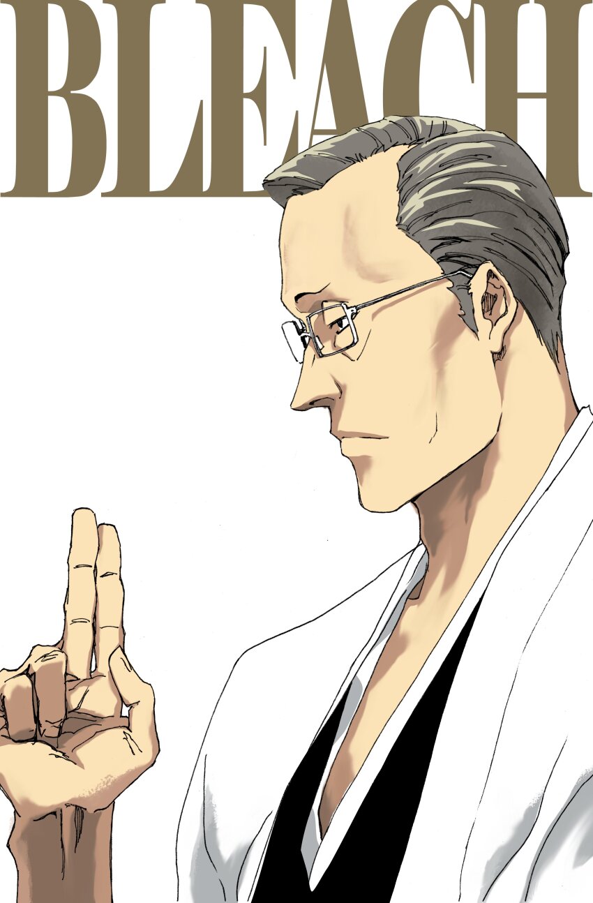 1boy absurdres bleach bleach:_sennen_kessen-hen closed_mouth commentary copyright_name english_commentary from_side glasses grey_hair hand_up haori highres izuhara_kinroku japanese_clothes kubo_tite_(style) kuji-in looking_ahead male_focus nose official_style old old_man pedrozox2093 profile short_hair simple_background solo sunken_cheeks taichou_haori upper_body very_short_hair white-framed_eyewear white_background