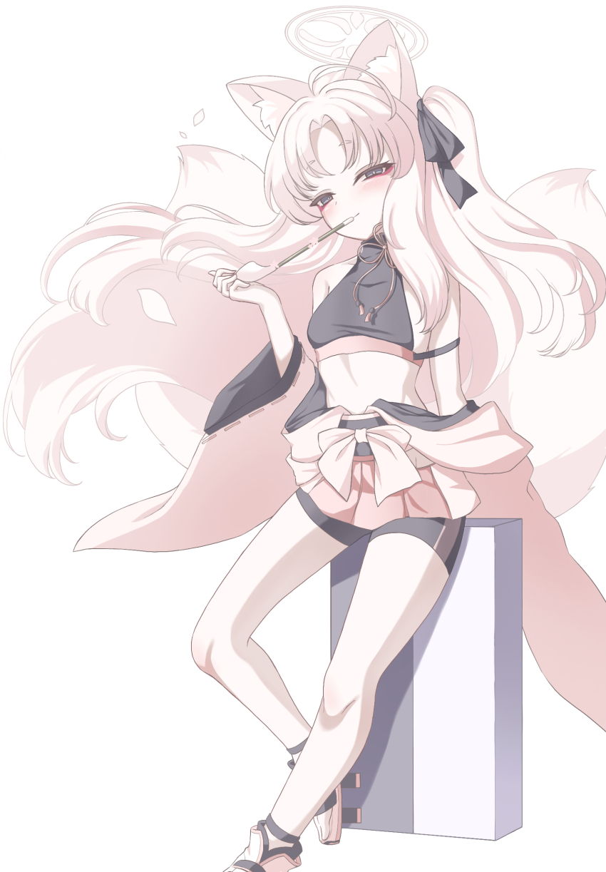 1girl ahoge amerika_neko animal_ear_fluff animal_ears bare_shoulders black_ribbon black_shorts blue_archive blush closed_mouth commentary eyeshadow floating_hair foot_out_of_frame fox_ears fox_girl fox_tail grey_eyes hair_ribbon halo hand_up highres holding holding_smoking_pipe huge_ahoge japanese_clothes kimono kuzunoha_(blue_archive) long_hair long_sleeves makeup midriff one_side_up open_clothes open_kimono parted_bangs pink_hair pink_halo pink_kimono red_eyeshadow ribbon short_eyebrows shorts sidelocks simple_background sitting smile smoking_pipe solo tail thick_eyebrows white_background wide_sleeves