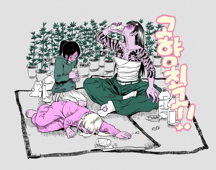 3girls alcohol arm_tattoo ashtray barefoot black_hair blonde_hair blush breasts chanel_(jimoto_saikou) chihiro_(jimoto_saikou) chugging cleavage colored_skin commentary_request cup drinking drugs drunk green_hoodie grey_background grey_pants hair_bobbles hair_ornament hand_on_own_knee highres holding holding_cup hood hood_down hoodie indian_style irezumi jimoto_saikou jug_(bottle) koharu_(jimoto_saikou) korean_commentary korean_text limited_palette long_hair long_sleeves marijuana multiple_girls on_floor pants pink_pants pink_skin pink_sweater plant ponytail potted_plant sarashi scared short_twintails shoulder_tattoo simple_background sitting skirt socks spilling sweater tatami tattoo trembling twintails unconscious white_skirt white_socks wide_shot yakuza yeongmin_(2min049)