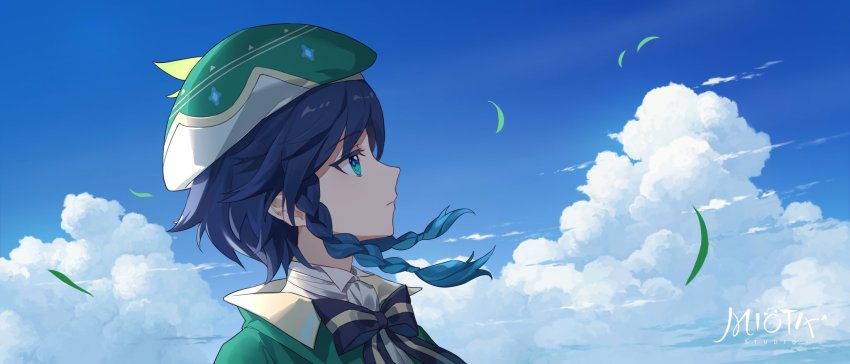 1boy artist_name beret black_bow black_bowtie blue_eyes blue_hair blue_sky bow bowtie braid brown_bow brown_bowtie capelet chinese_commentary closed_mouth cloud cloudy_sky collared_shirt commentary_request darkcatowo genshin_impact gradient_hair green_capelet green_hat grey_shirt hair_between_eyes hat highres leaf long_sleeves looking_to_the_side multicolored_hair outdoors shirt short_hair sky solo striped_bow striped_bowtie striped_clothes twin_braids upper_body venti_(genshin_impact) wing_collar