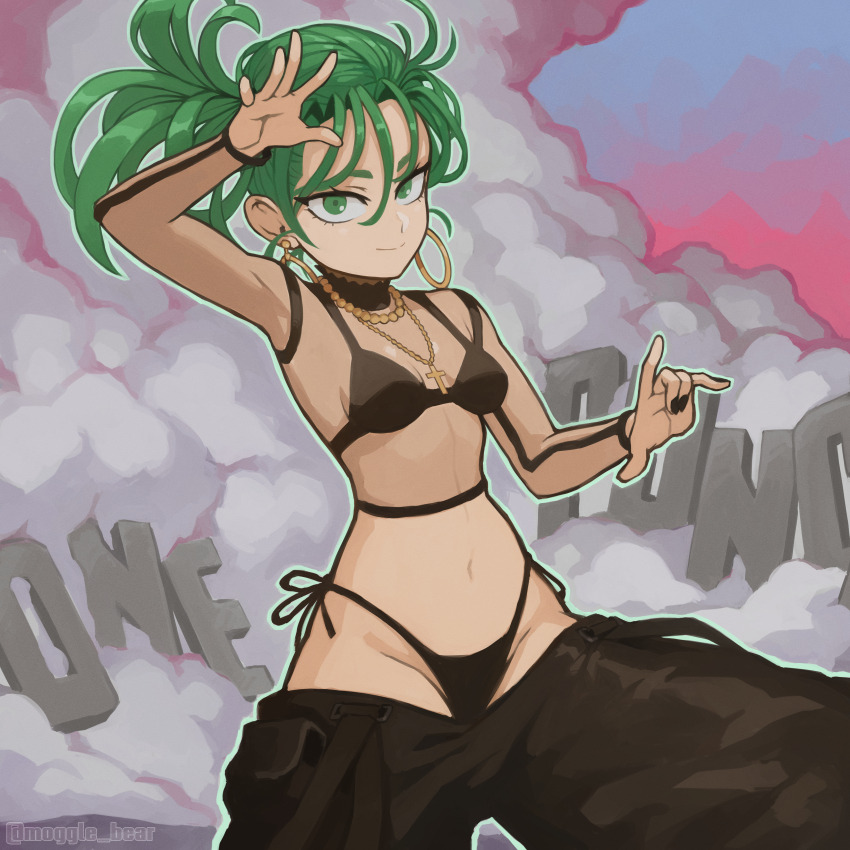 1girl absurdres alternate_costume alternate_hairstyle arm_up artist_name bead_necklace beads bikini bikini_under_clothes black_bikini black_nails black_pants closed_mouth copyright_name cross cross_necklace curly_hair curvy earrings green_eyes green_hair groin hand_up highres hoop_earrings jewelry mogglebear nail_polish navel necklace official_alternate_costume official_alternate_hairstyle one-punch_man pants petite shiny_skin side-tie_bikini_bottom smoke solo swimsuit tatsumaki tatsumaki_(chapter_171_cover) thong thong_bikini wide_hips