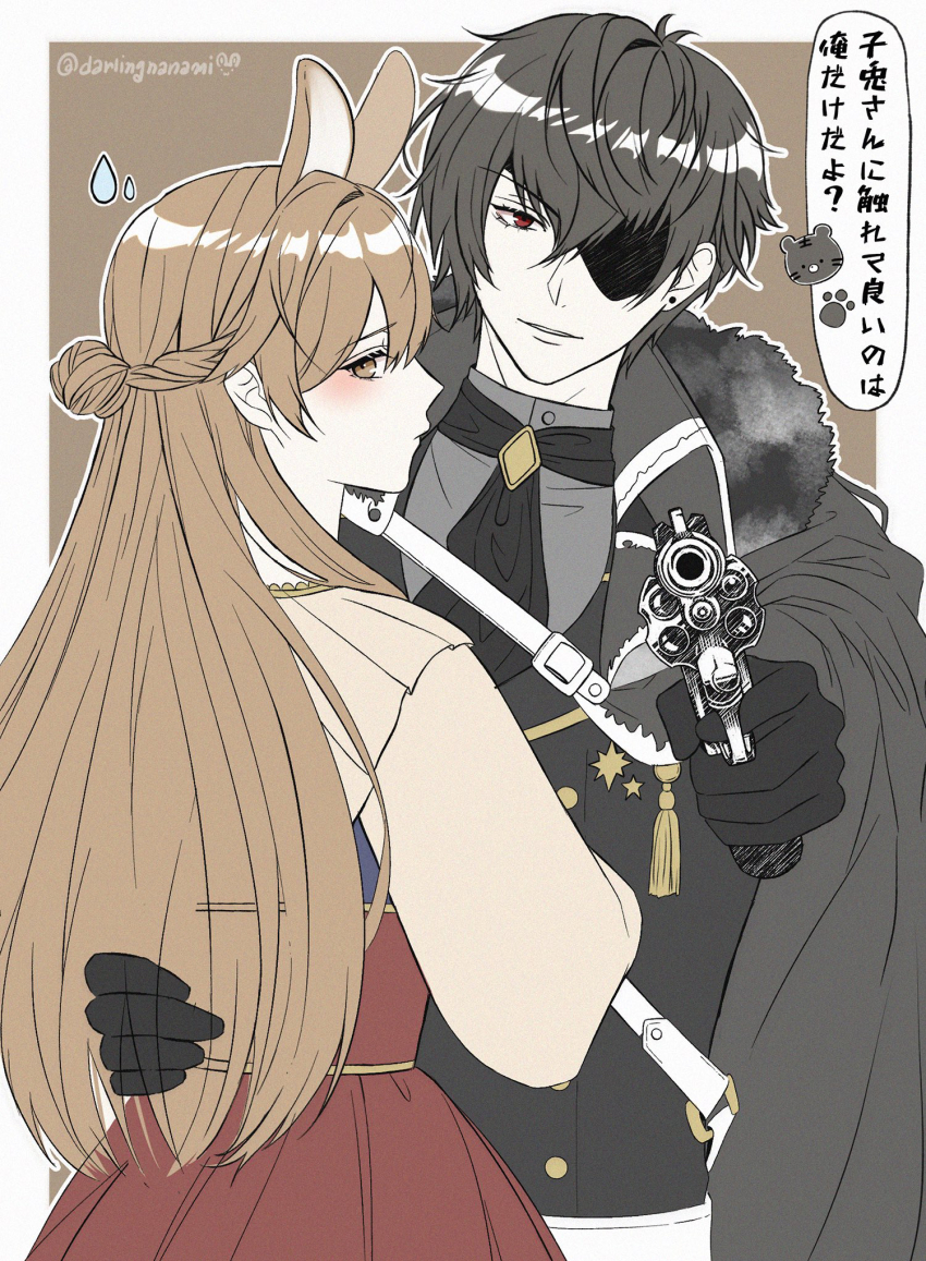 1boy 1girl aiming animal_ears artist_name ascot black_ascot black_coat black_gloves black_hair brown_background brown_hair coat darlingnanami earrings emma_(ikemen_prince) eyepatch finger_on_trigger fur_trim gilbert_von_obsidian gloves gun hair_between_eyes hand_around_waist handgun hetero highres ikemen_prince jewelry long_sleeves looking_at_viewer aiming red_eyes revolver short_hair small_sweatdrop speech_bubble stud_earrings translation_request weapon