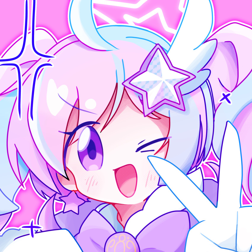 1girl ;d ahoge blue_archive blue_hair blush bow commentary earrings hair_ornament halo highres jewelry magical_girl official_alternate_costume one_eye_closed open_mouth pink_background pink_hair portrait purple_bow purple_eyes reisa_(blue_archive) reisa_(magical)_(blue_archive) risawan simple_background smile solo star_(symbol) star_earrings star_hair_ornament star_halo symbol-only_commentary twintails v wing_hair_ornament yume_kawaii
