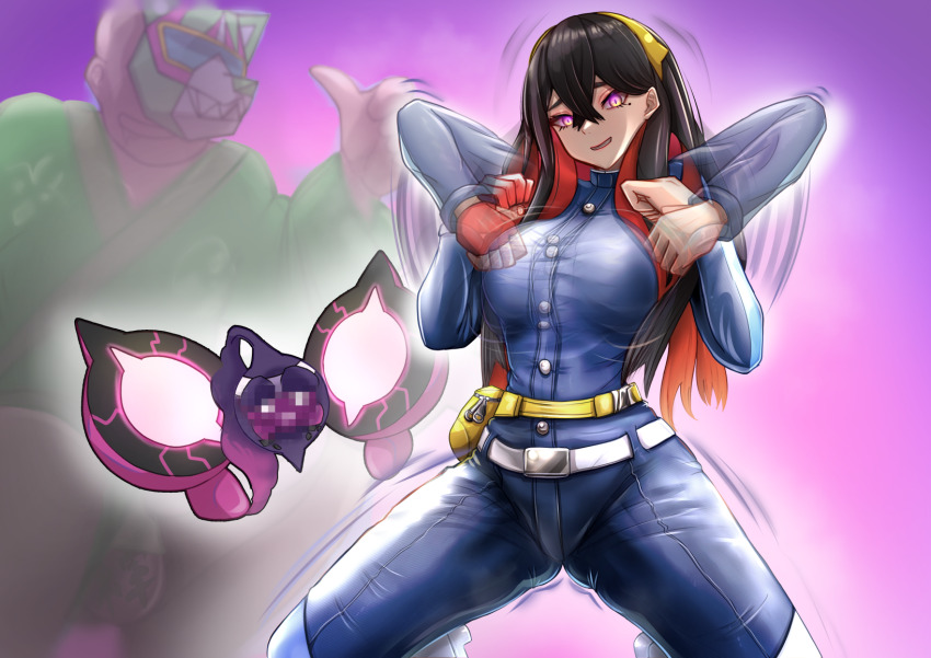 1boy 1girl 1other alternate_breast_size ass black_hair blue_gakuran blueberry_academy_school_uniform breasts buttons carmine_(pokemon) censored clenched_hands colored_inner_hair creatures_(company) crossed_bangs dancing game_freak gen_9_pokemon gloves glowing glowing_eyes hair_between_eyes hairband heart highres hypnosis large_breasts legendary_pokemon long_hair long_sleeves looking_at_viewer mask mind_control miyakura_haruto mochi_mochi_dance mole mole_under_eye motion_blur motion_lines multicolored_hair nintendo pecharunt pokemon pokemon_sv pubic_hair purple_eyes red_gloves red_hair school_uniform single_glove two-tone_hair wide_hips yellow_hairband