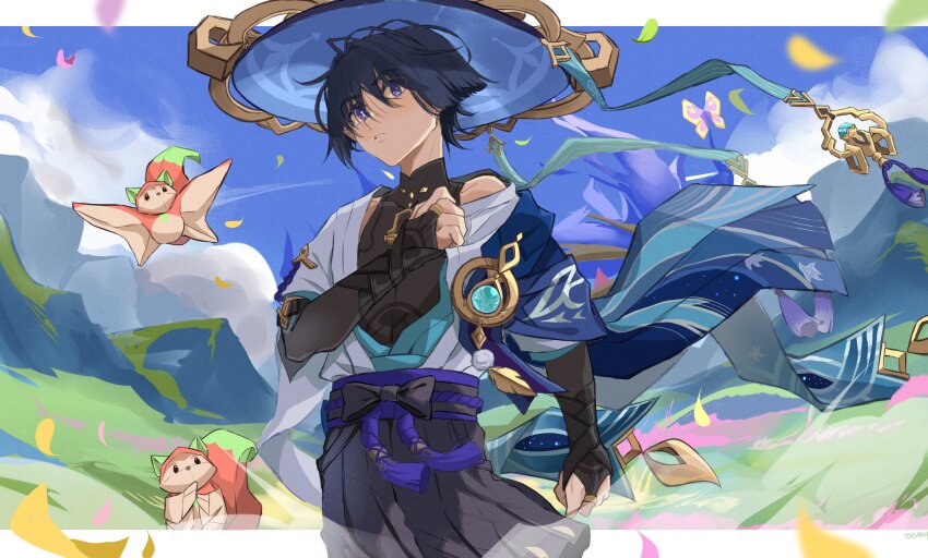 1boy absurdres animal_print armor belt bird_print black_bodysuit black_bow black_eyes black_hair black_sash black_shorts blue_cape blue_hat blue_sky blunt_ends bodysuit bow bridal_gauntlets bug butterfly cape clothing_cutout cloud collarbone dintoge falling_leaves feathers flying flying_squirrel genshin_impact gold gold_ring hair_between_eyes hakama hakama_shorts hand_on_own_chest hat highres insect japanese_armor japanese_clothes jewelry jingasa kimono kote kurokote leaf male_focus mandarin_collar messy_hair middle_ring mountain mountainous_horizon off_shoulder open_clothes open_kimono origami pom_pom_(clothes) purple_belt purple_rope ring rope sash scaramouche_(genshin_impact) short_sleeves shorts sky solo squirrel tassel thigh_cutout toy vision_(genshin_impact) wanderer_(genshin_impact) white_background white_kimono white_sleeves wind