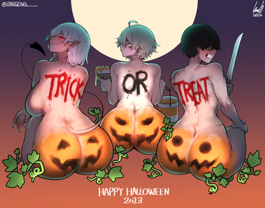 3girls ass black_hair bodypaint breasts butt_crack chris_(ginseng) demon_girl english_text from_behind ginseng_(xin) halloween huge_ass jack-o&#039;-lantern knife large_breasts looking_back moon multiple_girls nude original pumpkin short_hair sideboob white_hair