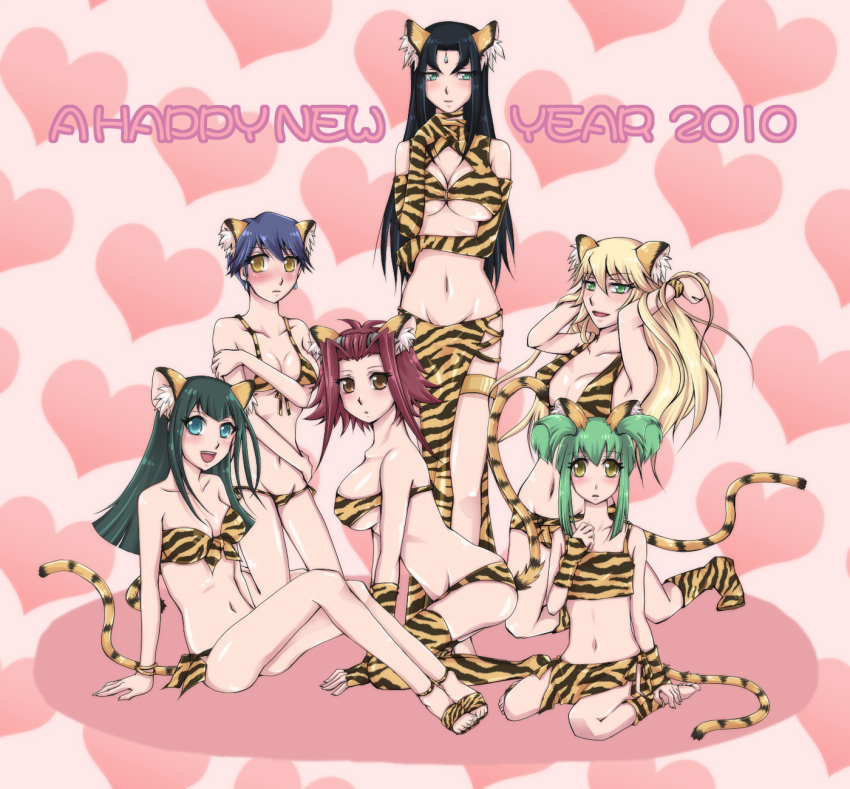 2010 6+girls animal_ears animal_print aqua_eyes armpits bare_legs barefoot bikini black_hair blonde_hair blue_hair breasts brown_eyes carly_nagisa chinese_zodiac cleavage flat_chest forehead_jewel green_hair happy_new_year heart highres izayoi_aki large_breasts long_hair luca_(yu-gi-oh!) medium_breasts midriff misty_lola mugicha_(sukimachaya) multiple_girls navel new_year parted_bangs parted_lips print_bikini red_hair sagiri_mikage sherry_leblanc short_hair sideboob smile swimsuit tail tiger_ears tiger_print tiger_tail twintails year_of_the_tiger yellow_eyes yu-gi-oh! yu-gi-oh!_5d&#039;s