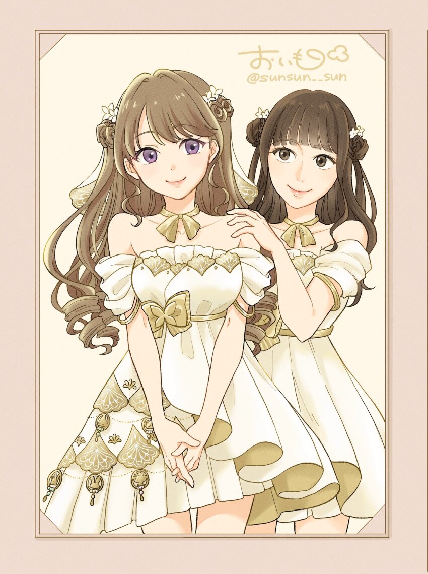 2girls animification bare_shoulders blunt_bangs border breasts brown_border brown_eyes brown_hair bun_with_braided_base collarbone commentary_request cowboy_shot double_bun dress flower flower-shaped_hair flower_stand_art frilled_dress frills fujishima_megumi hair_bun hair_flower hair_ornament hand_on_another&#039;s_shoulder highres holding holding_microphone itsudemo_itsumademo_(love_live!) link!_like!_love_live! long_hair looking_at_another love_live! medium_breasts microphone multiple_girls off-shoulder_dress off_shoulder official_alternate_costume oimo_(sunsun_sun) pleated_dress purple_eyes real_life signature simple_background standing tsukine_kona twitter_username v virtual_youtuber voice_actor voice_actor_connection white_flower yellow_background yellow_dress