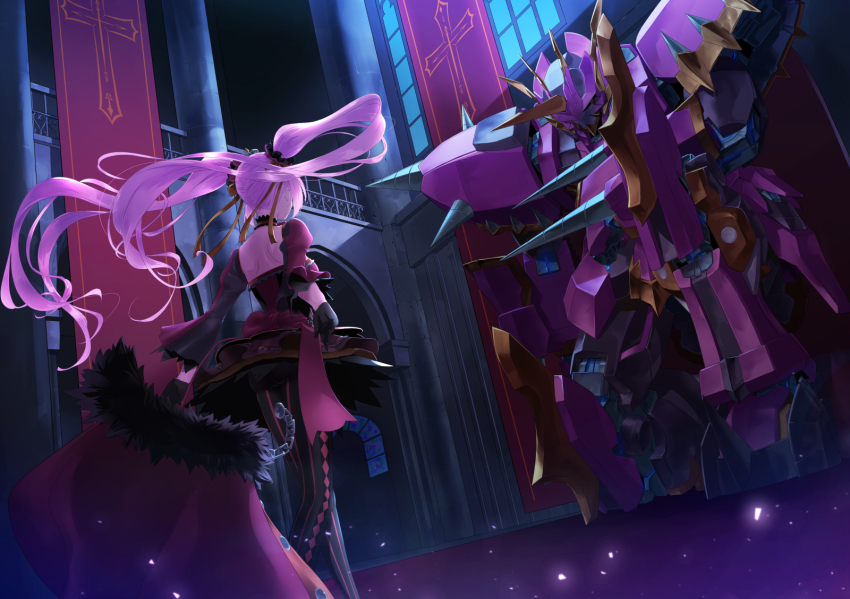 1girl argyle_clothes argyle_pantyhose bad_id bad_pixiv_id banner black_gloves black_legwear breasts cape choker commentary_request crown dress female_focus floating_hair frilled_sleeves frills from_behind fujimo_ruru fur-trimmed_cape fur_trim gloves hair_ribbon highres indoors iron_saga light_particles long_hair mecha medium_breasts mid-stride mini_crown pantyhose pink_hair ribbon robot shoulder_blades slokai_(iron_saga) solo striped_clothes striped_legwear striped_pantyhose twintails unworn_cape vertical-striped_clothes vertical-striped_pantyhose very_long_hair walking wide_sleeves wind