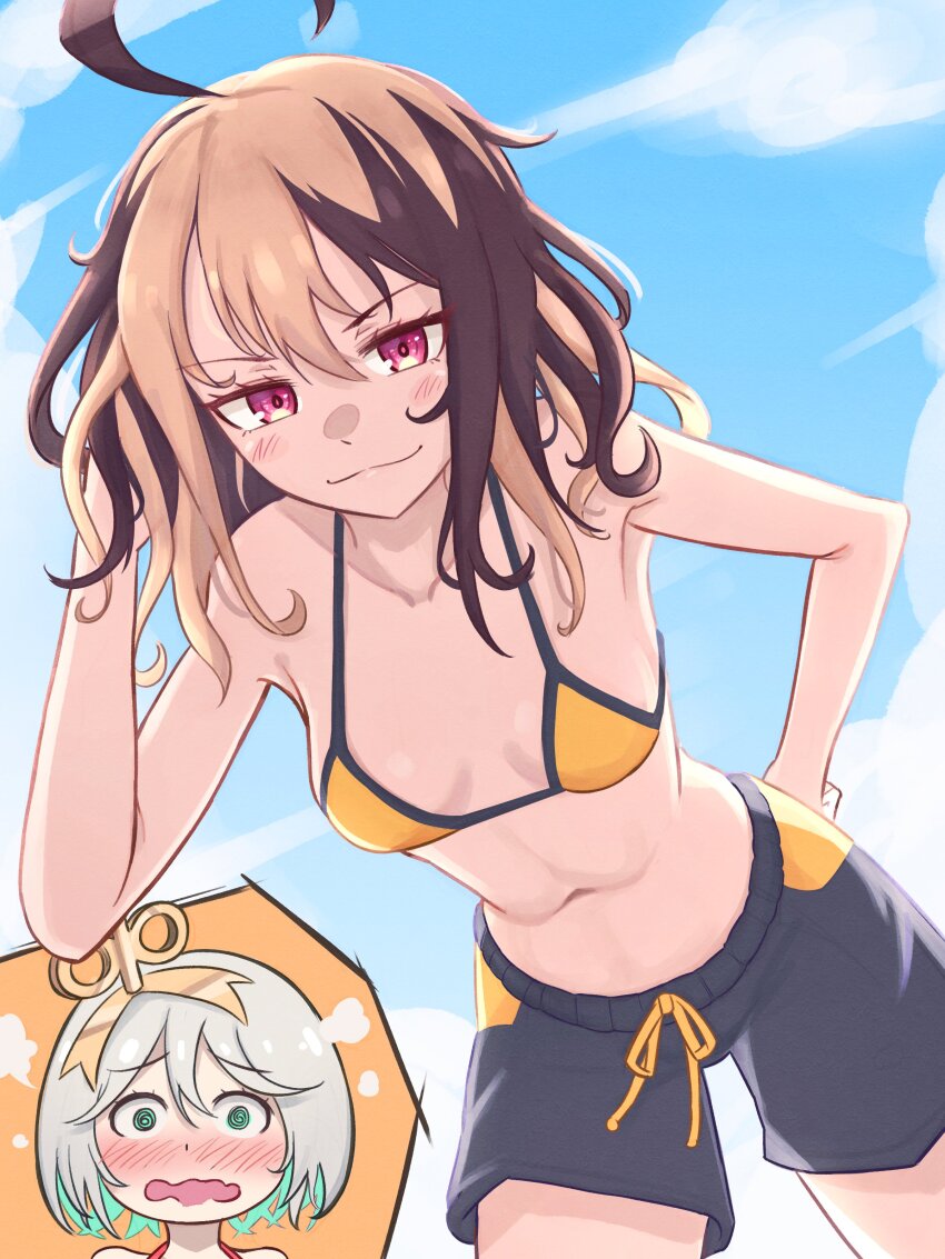 2girls absurdres ahoge alternate_hairstyle bikini bikini_shorts blue_bikini blue_sky blush breasts brown_hair cecilia_immergreen colored_inner_hair double-parted_bangs embarrassed female_pov gigi_murin green_eyes green_hair grey_hair hair_between_eyes hair_ornament hand_on_own_head hand_on_own_hip head_steam highres holojustice hololive hololive_english huge_ahoge inset leaning_forward light_blush looking_at_viewer madabau multicolored_bikini multicolored_hair multiple_girls multiple_pov no_tail orange_bikini pink_eyes pov short_hair shorts sky small_breasts swimsuit two-tone_bikini two-tone_hair virtual_youtuber wavy_mouth winding_key yuri