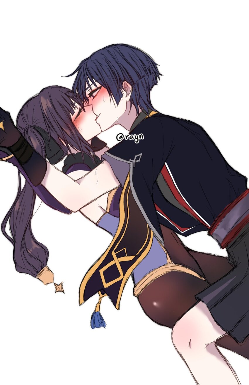 1boy 1girl armor arms_up black_bow black_gloves black_kimono black_shorts black_sleeves blunt_bangs blunt_ends blush bodystocking bow boy_on_top breasts brown_pantyhose closed_eyes couple covered_navel dutch_angle eyelashes fur_collar furisode genshin_impact gloves gold_trim grey_sash grey_sleeves hair_bow hakama hakama_shorts han&#039;eri hetero highleg highleg_leotard highres japanese_armor japanese_clothes kimono kiss kote kurokote layered_kimono layered_sleeves leotard long_hair mona_(genshin_impact) open_mouth pantyhose pleated_shorts purple_eyes purple_hair purple_leotard rayn_isalier red_kimono red_sash sash scaramouche_(genshin_impact) short_sleeves shorts sideboob sidelocks sweat tassel teeth tsurime twintails twitter_username upper_teeth_only