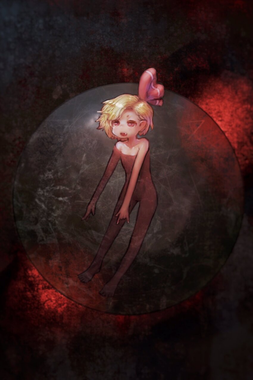 1girl blonde_hair collarbone colored_eyelashes commentary_request darkness fang flat_chest hair_ribbon highres looking_at_viewer nude open_mouth outstretched_arms pointy_ears red_eyes red_ribbon ribbon rumia short_hair solo touhou w yst