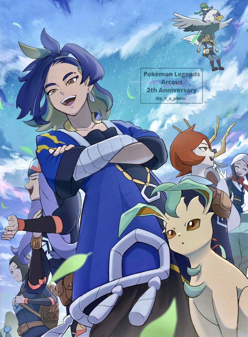 3boys 4girls :d adaman_(pokemon) akari_(pokemon) arezu_(pokemon) berry_(pokemon) bird black_hair blue_coat blue_hair brown_bag brown_eyes cloud coat commentary_request copyright_name cowlick crossed_arms day diamond_clan_outfit earrings eyebrow_cut falling_leaves from_below gen_4_pokemon headscarf highres hisuian_braviary holding_strap iscan_(pokemon) jacket jewelry leaf leafeon mai_(pokemon) melli_(pokemon) multicolored_hair multiple_boys multiple_girls neck_ring nintendo open_mouth oran_berry outdoors p_0_a pokemon pokemon_(creature) pokemon_legends:_arceus ponytail purple_hair riding riding_pokemon sabi_(pokemon) sky smile standing teeth tongue upper_teeth_only white_headscarf white_headwear wyrdeer