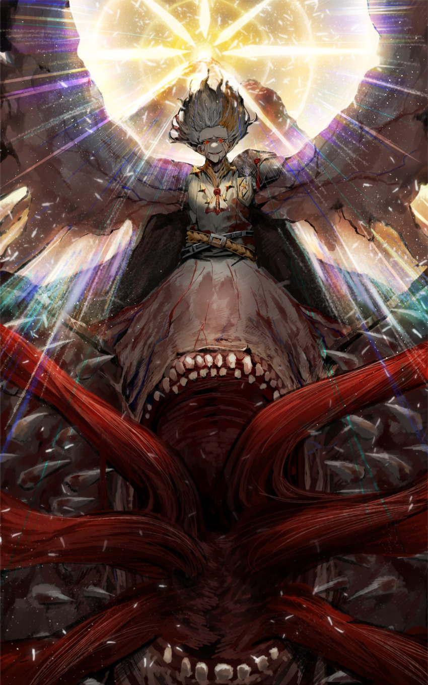 1girl absurdres ascot belt black_belt blonde_hair blood blood_on_face body_horror collared_shirt floating_hair highres kromer_(project_moon) limbus_company lubban multicolored_hair open_mouth project_moon red_eyes shirt short_hair smile solo streaked_hair talisman teeth veins wax_seal white_ascot white_hair white_shirt wings yellow_belt
