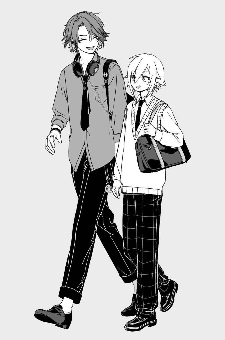 2boys backpack bag bracelet breast_pocket cardigan checkered_clothes checkered_pants collared_shirt full_body grey_background greyscale headphones headphones_around_neck height_difference highres jewelry loafers long_sleeves looking_at_another mado_(mado83893768) male_focus monochrome multicolored_hair multiple_boys necktie nijisanji pants pocket ring school_bag school_uniform shirt shoes short_hair shoulder_bag simple_background sleeves_past_wrists two-tone_hair uzuki_kou virtual_youtuber walking watarai_hibari