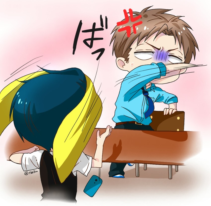 10s 1boy 1girl anger_vein blank_eyes blue_hair brown_hair cellphone chain gekkan_shoujo_nozaki-kun hori_masayuki kameron kashima_yuu motion_lines necktie phone reverse_trap short_hair signature smartphone sweatdrop sweater_vest throwing