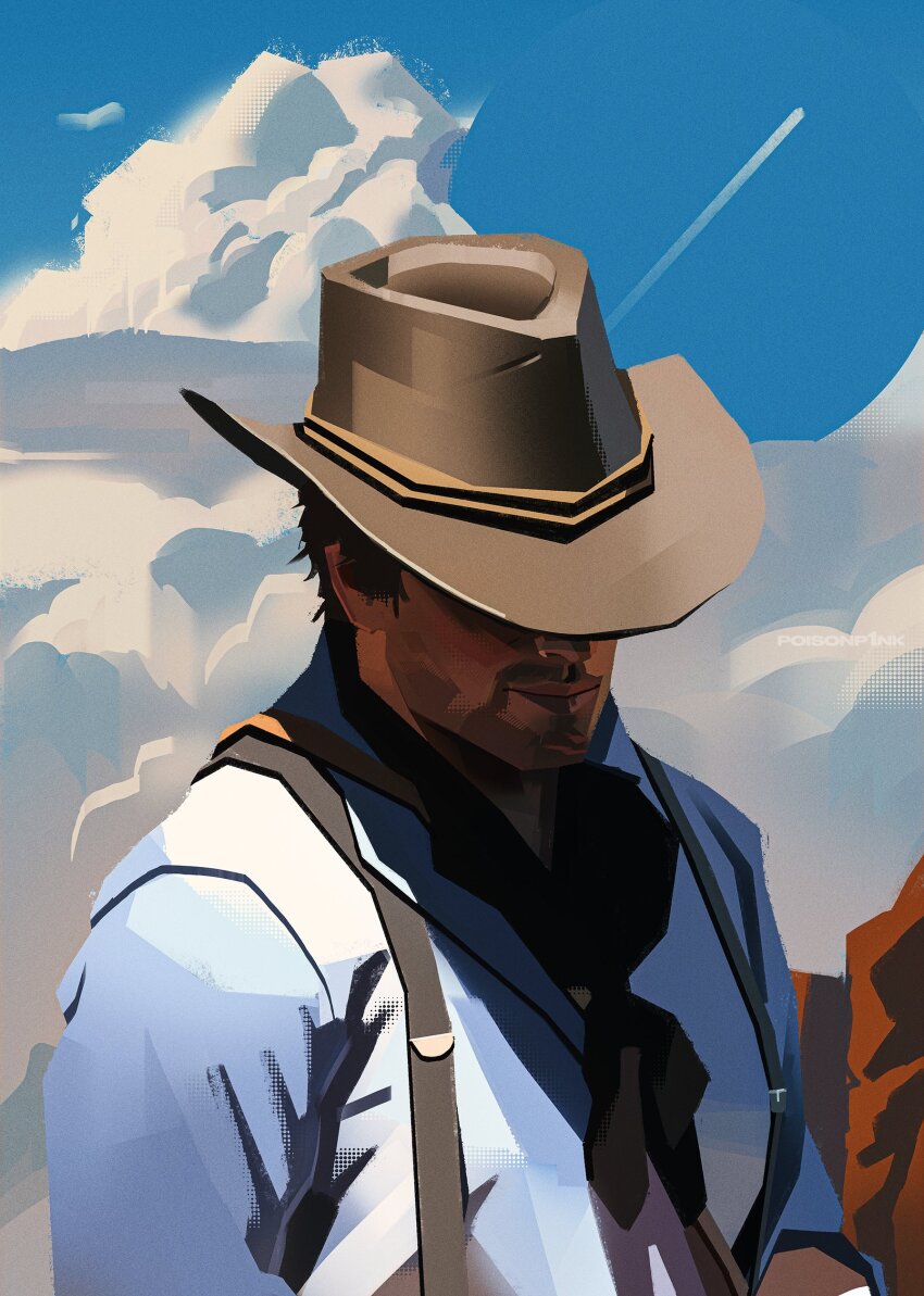 1boy absurdres arthur_morgan brown_hair closed_mouth cloud commentary contrail covered_eyes cowboy cowboy_hat english_commentary facial_hair halftone hat highres male_focus poisonp1nk red_dead_redemption_(series) red_dead_redemption_2 scarf shirt sky solo suspenders twitter_username upper_body western white_shirt