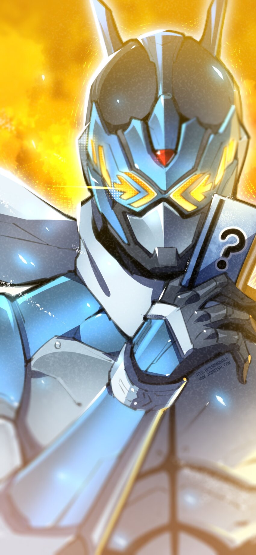 1boy absurdres armor artist_name ashmish black_gloves blue_armor body_armor bug card concept_art gloves grasshopper highres holding holding_card insect ishimori_prod kamen_rider kamen_rider_gotchard kamen_rider_gotchard_(series) looking_at_viewer male_focus ? ride_chemy_card scarf toei_company tokusatsu upper_body white_scarf yellow_eyes