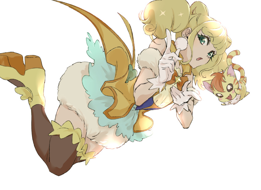 1girl bare_shoulders black_corset black_thighhighs blonde_hair blunt_bangs bow bowtie brooch bubble_skirt cat coattails collared_shirt cone_hair_bun corset cure_sparkle detached_sleeves double_bun eyelashes falling finger_gun floating_clothes frilled_thigh_strap full_body fur_skirt fur_sleeves gloves green_eyes hair_bun healin&#039;_good_precure high_collar high_heels highres hiramitsu_hinata jewelry looking_at_viewer magical_girl medium_hair miniskirt nyatoran_(precure) open_mouth orange_bow orange_bowtie orange_shirt precure puffy_short_sleeves puffy_sleeves pumps shipu_(gassyumaron) shirt shoes short_sleeves short_twintails simple_background skirt sleeveless sleeveless_shirt sparkle star_brooch thigh_strap thighhighs twintails wavy_hair white_background white_gloves white_skirt white_sleeves yellow_shoes