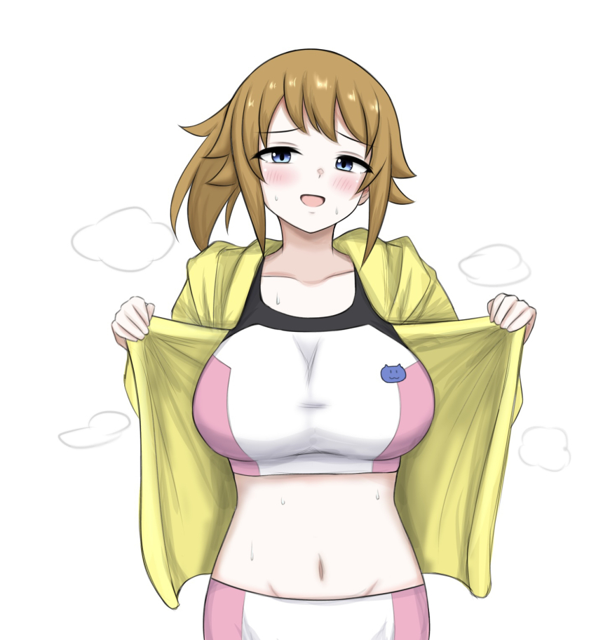 1girl aresta_(nourawaza) bike_shorts blue_eyes blush breasts brown_hair collarbone commentary_request cowboy_shot groin gundam gundam_build_fighters gundam_build_fighters_try highres hood hood_down hooded_jacket hoshino_fumina jacket large_breasts looking_at_viewer medium_hair midriff navel open_clothes open_jacket open_mouth partial_commentary pink_shorts pink_sports_bra ponytail shorts sidelocks simple_background solo sports_bra standing steaming_body sweat two-tone_sports_bra white_background white_shorts white_sports_bra yellow_jacket