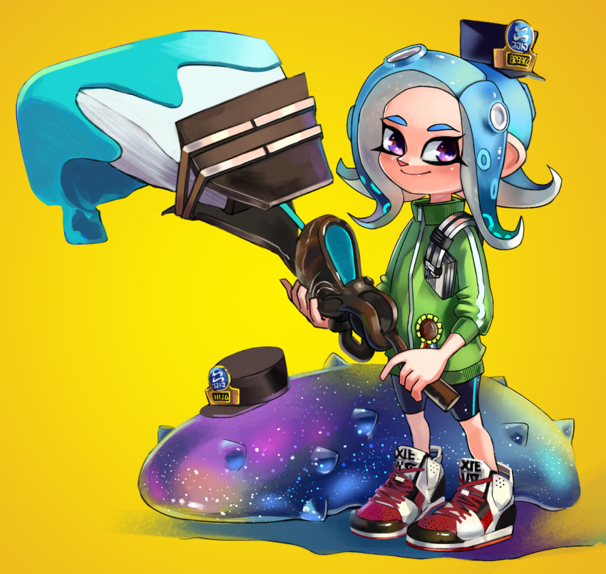 1girl bike_shorts black_hat blue_hair c.q._cumber_(splatoon) calligraphy_brush closed_mouth full_body green_jacket hat headphones highres holding holding_brush jacket legs_apart long_hair mini_hat momomomomoa nintendo octobrush_(splatoon) octoling octoling_girl octoling_player_character paint paintbrush purple_eyes sea_cucumber shoes single_vertical_stripe three-quarter_sleeves smile splatoon_(series) splatoon_2 splatoon_2:_octo_expansion standing suction_cups tentacle_hair track_jacket yellow_background
