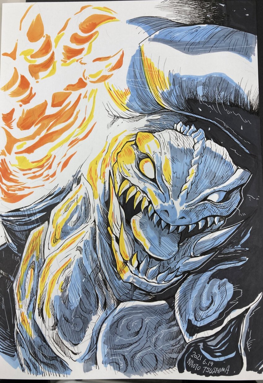 amputee banishing_fist banishing_sword daiei_film elemental_(creature) energy_arm fire fire_elemental gamera gamera_(series) gamera_3:_revenge_of_iris giant giant_monster glowing glowing_arm glowing_hand highres kaiju looking_at_viewer mana_(mythology) monster no_humans no_pupils open_mouth plasma roaring sea_monster sharp_teeth shell teeth tongue tsushima_naoto turtle turtle_shell tusks white_eyes