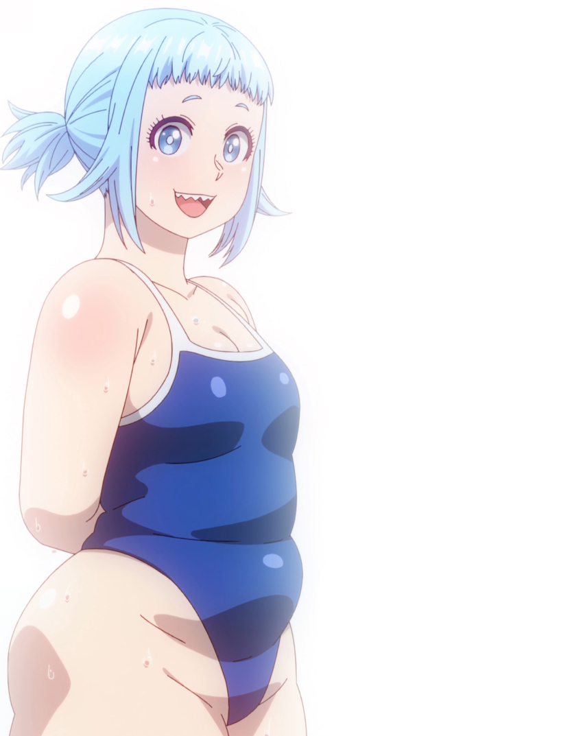 1girl ;d absurdres anime_screenshot aqua_hair arms_behind_back blue_eyes blue_one-piece_swimsuit blush breasts cleavage collar cowboy_shot elf-san_wa_yaserarenai. gloves hair_ornament hairpin hands_behind highleg highleg_one-piece_swimsuit highres leg_up looking_at_viewer looking_to_the_side mero_(elf-san_wa_yaserarenai.) one-piece one-piece_swimsuit one_eye_closed open_mouth plump school_swimsuit sharp_teeth short_hair simple_background small_breasts smile solo standing stitched sweat swimsuit teeth thick_thighs thighs third-party_edit tongue upper_body upper_teeth_only wet white_background