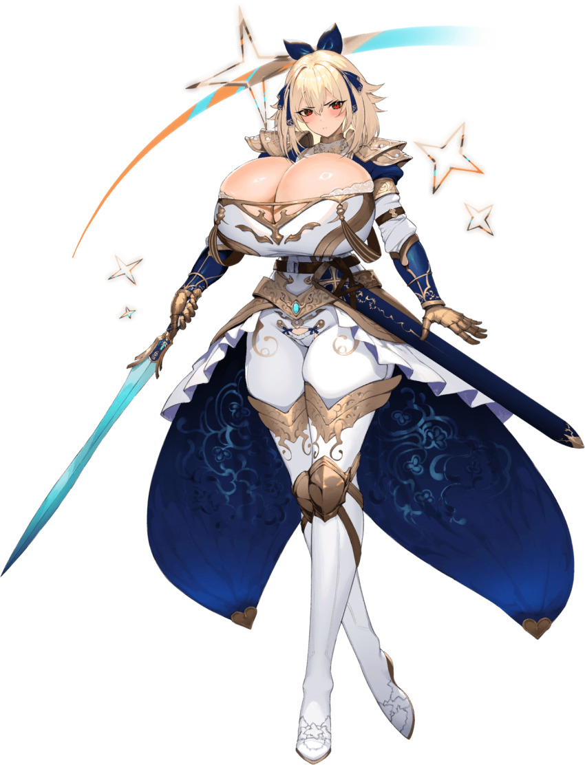 1girl armor armored_gloves blonde_hair blush bow breasts cleavage covered_navel elaine_(kyonyuu_fantasy_burst) hair_bow hair_ribbon highres holding holding_sword holding_weapon huge_breasts kyonyuu_fantasy kyonyuu_fantasy_burst looking_to_the_side medium_hair official_art pauldrons red_eyes ribbon sheath shoulder_armor sword tassel weapon