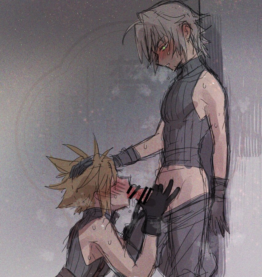 2boys absurdres against_wall bar_censor blonde_hair blush censored closed_eyes cloud_strife cum erection fellatio final_fantasy final_fantasy_vii final_fantasy_vii_ever_crisis gloved_handjob gloves green_eyes grey_hair hand_on_another&#039;s_head handjob highres kneeling looking_at_another male_focus multiple_boys none_(kameko227) oral penis sephiroth sephiroth_(ever_crisis) sex short_hair sketch sleeveless sleeveless_turtleneck slit_pupils spiked_hair sweat turtleneck veins veiny_penis watermark yaoi