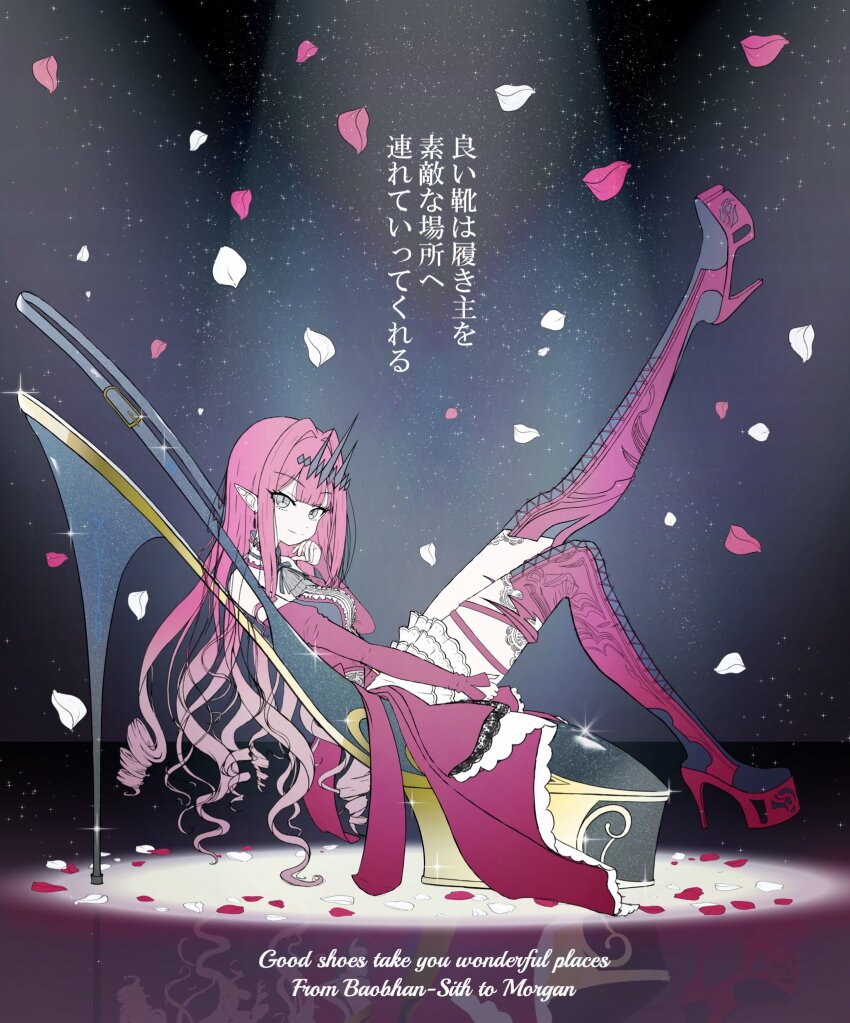 1girl baobhan_sith_(fate) baobhan_sith_(first_ascension)_(fate) boots breasts detached_sleeves dress english_text falling_petals fate/grand_order fate_(series) frilled_dress frills hair_ornament high_heel_boots high_heels highres leg_up long_hair looking_at_viewer petals pink_hair platform_heels pointy_ears red_dress sidelocks sitting smile solo thigh_boots yasu_da_winci