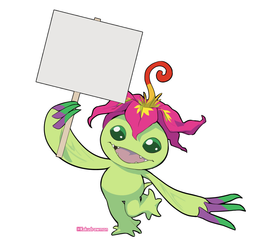 absurdres digimon digimon_(creature) flower full_body highres holding holding_sign kakudrawmon palmon plant_monster sharp_teeth sign simple_background solo teeth transparent_background twitter_username