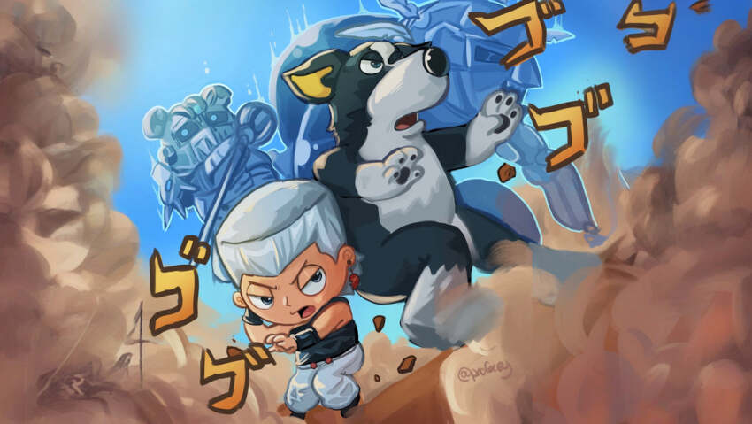 2boys artist_name black_shirt brian_griffin cosplay dog iggy_(jojo) iggy_(jojo)_(cosplay) jean_pierre_polnareff jean_pierre_polnareff_(cosplay) jojo_no_kimyou_na_bouken male_focus multiple_boys pants profocey shirt silver_chariot stardust_crusaders stewie_griffin the_fool_(stand) white_hair white_pants