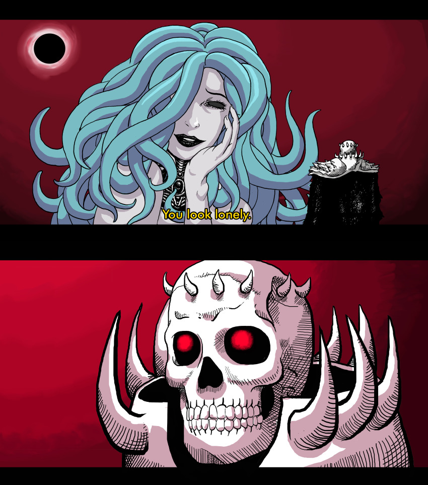 1boy 1girl absurdres anato_finnstark berserk black_sclera blade_runner blade_runner_2049 colored_sclera demon_girl hair_over_one_eye highres long_hair looking_at_another looking_at_viewer skull skull_knight_(berserk) slan_(berserk) tentacle_hair