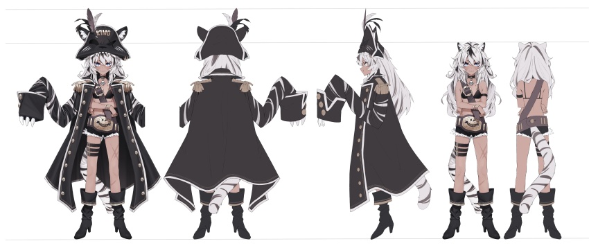 1girl absurdres animal_ear_fluff animal_ears black_bra black_coat black_footwear black_hat black_nails black_shorts blue_eyes bra reference_sheet choker closed_mouth coat commentary dark-skinned_female dark_skin english_commentary full_body gaomi_goro grey_hair hat highres jewelry kamameshi_gougoumaru multicolored_hair multiple_rings multiple_views official_art original pirate_hat ring second-party_source shorts sleeves_past_fingers sleeves_past_wrists standing stellarversepro streaked_hair tail two-tone_hair underwear virtual_youtuber white_background