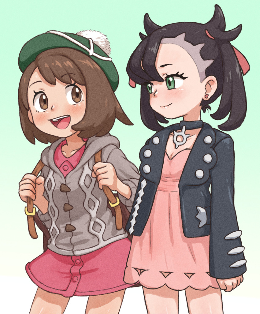 2girls aqua_eyes arms_at_sides asymmetrical_bangs backpack bag beachepisode black_choker black_jacket blue_hair brown_eyes brown_hair cable_knit cardigan child choker collarbone curled_fingers dress earrings eyelashes female_focus flat_chest friends gloria_(pokemon) green_hat grey_cardigan hair_ornament hands_up happy hat highres hood hooded_cardigan jacket jewelry knees leather leather_jacket legs light_blush long_hair long_sleeves looking_at_another marnie_(pokemon) medium_hair multiple_girls neck nintendo open_clothes open_jacket open_mouth pendant_choker pink_dress pokemon pokemon_swsh punk short_dress sidelocks smile standing stud_earrings swept_bangs tam_o&#039;_shanter twintails undercut