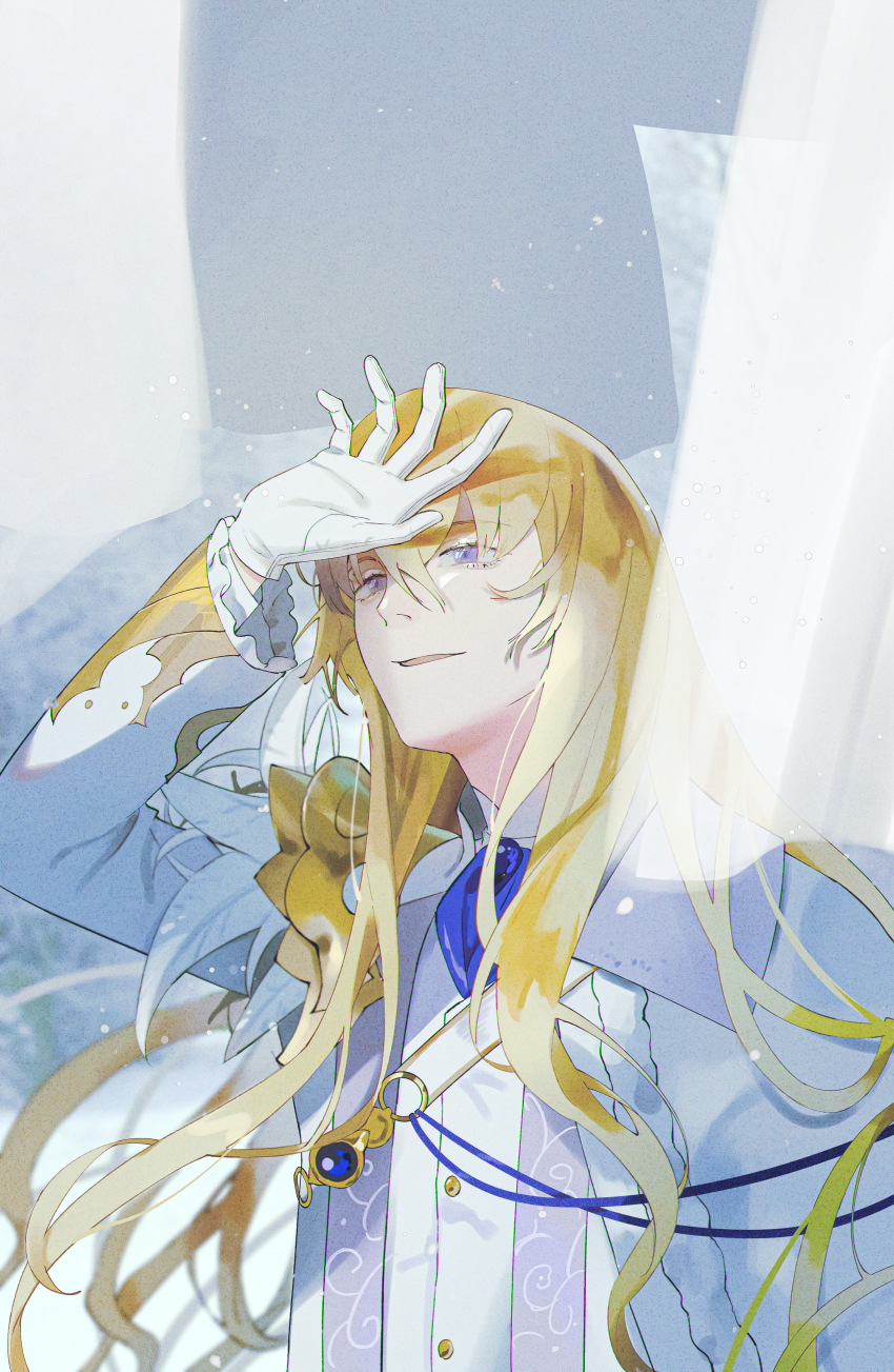 1boy absurdres arm_up ascot blonde_hair blue_ascot blue_eyes blue_gemstone blurry cape chromatic_aberration commentary depth_of_field fate/grand_order fate_(series) feathers frilled_sleeves frills gem gloves gold_trim hair_between_eyes hand_to_head highres jacket kirschtaria_wodime light_particles light_smile long_hair long_sleeves looking_ahead male_focus nostrils open_clothes open_jacket parai0 parted_lips side_cape solo upper_body vest white_cape white_feathers white_gloves white_jacket white_vest