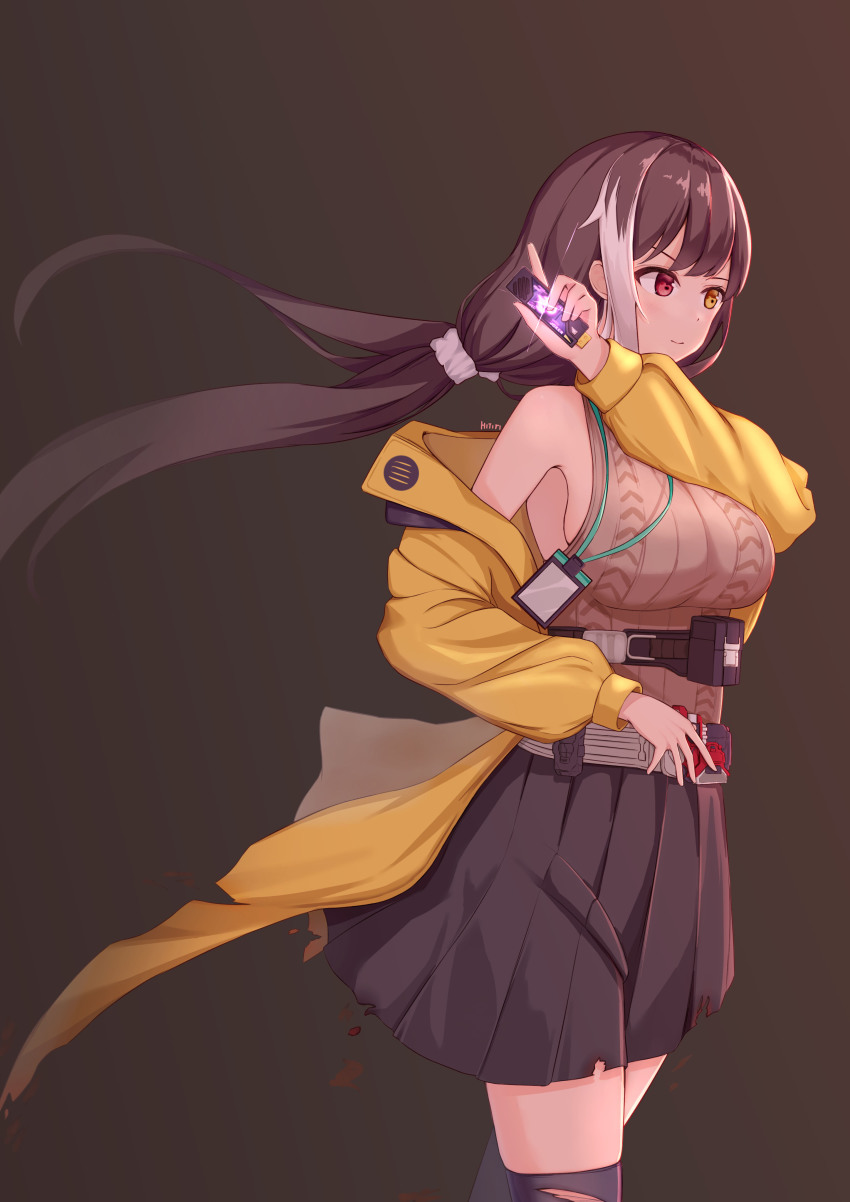 1girl absurdres belt black_hair black_legwear black_skirt brown_sweater_vest gaia_memory girls&#039;_frontline heterochromia highres hitori_yui holding id_card jacket kamen_rider kamen_rider_joker kamen_rider_w mod3_(girls&#039;_frontline) multicolored_hair red_eyes rider_belt ro635_(girls&#039;_frontline) ro635_(mod3)_(girls&#039;_frontline) simple_background skirt solo streaked_hair sweater_vest torn_clothes torn_legwear torn_skirt twintails usb utility_belt white_hair yellow_eyes yellow_jacket